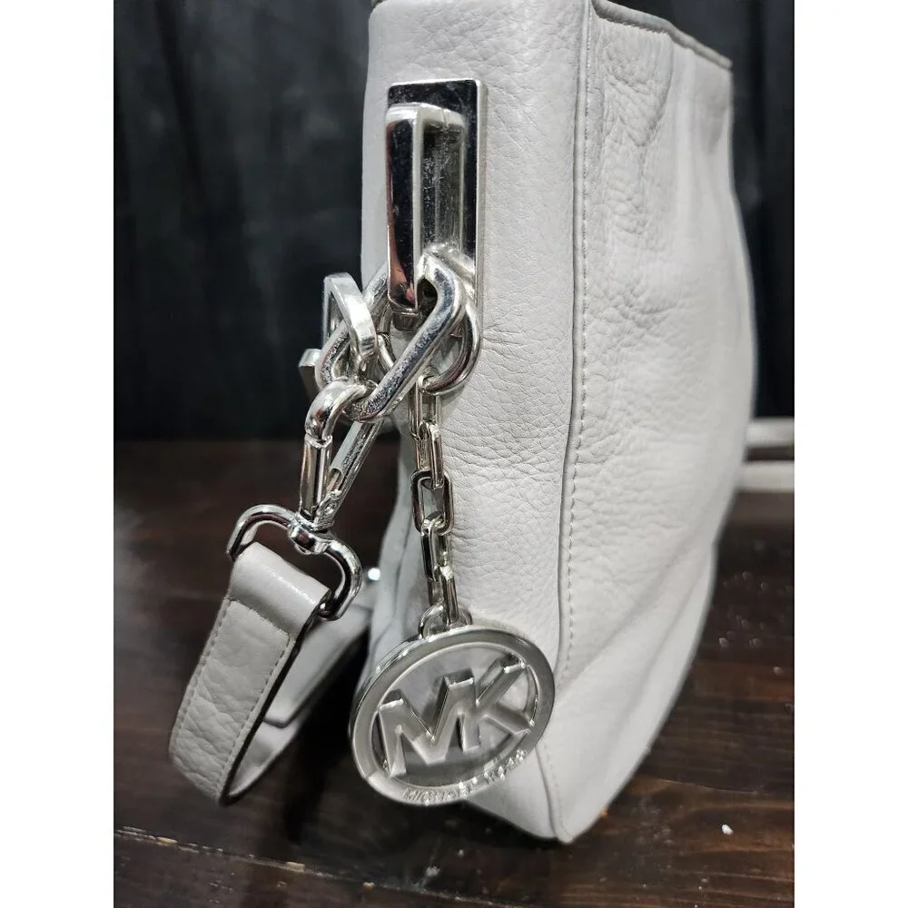 Michael Kors Medium Hammered Leather Messenger Crossbody Purse in Dove Gray